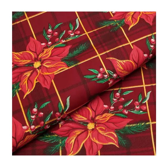 Tecidos Tricoline Estampado Flores de Natal Fundo Xadrez Vermelho